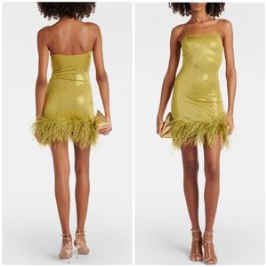 Oseree Green Feather-Trim Mini Dress